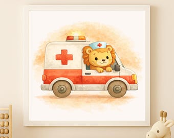 Watercolor Lion Ambulance Wall Art Printable – Kids Room Decor (Digital Download)