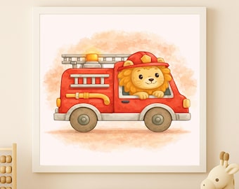 Watercolor Lion Fire Truck Wall Art Printable – Kids Room Decor (Digital Download)