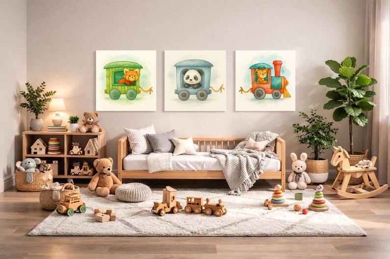 K&ouml;nnte beinhalten: Ein Kinderzimmer mit drei gerahmten Aquarellbildern von Z&uuml;gen mit Tiermotiven. Der Raum umfasst ein Holzbett, Spielzeug, ein Schaukelpferd und ein Pl&uuml;schkaninchen. Die Farbpalette ist weich und einladend.