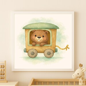 May include: Watercolor illustration of a cute brown bear peeking out of a yellow and green train car. The train has two wheels and a yellow rope. The background is a soft green watercolor wash.