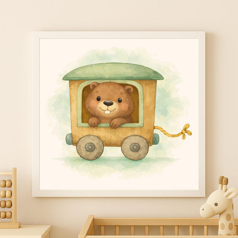 May include: Watercolor illustration of a cute brown bear peeking out of a yellow and green train car. The train has two wheels and a yellow rope. The background is a soft green watercolor wash.