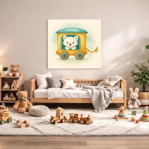May include: A watercolor painting of a white bear cub in a yellow and teal train car. The image is on a canvas, and the room is decorated with wooden toys, a wooden bed, and a rocking horse, creating a nursery theme.