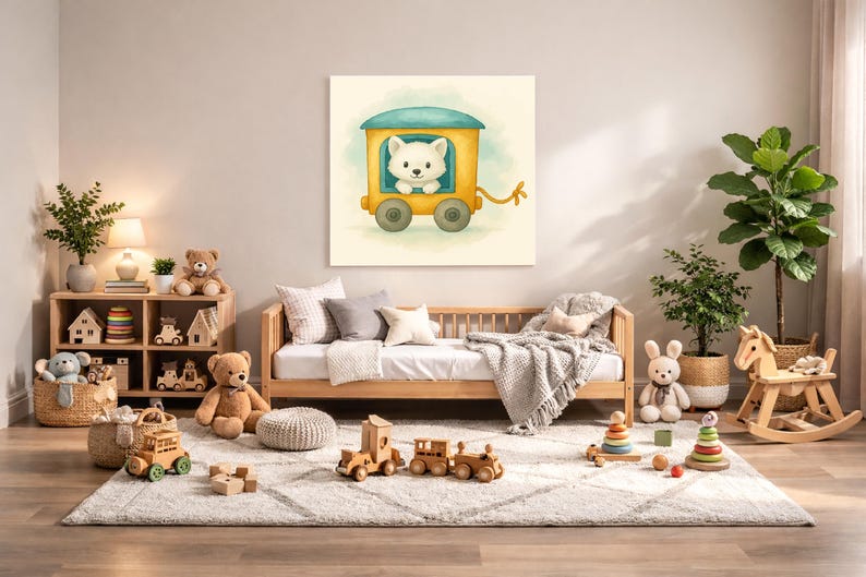 May include: A watercolor painting of a white bear cub in a yellow and teal train car. The image is on a canvas, and the room is decorated with wooden toys, a wooden bed, and a rocking horse, creating a nursery theme.