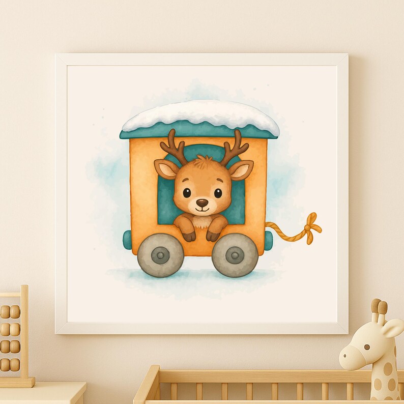 K&ouml;nnte beinhalten: Gerahmte Aquarellillustration eines niedlichen Rehs in einem gelben Zugwagen mit blauem, schneebedecktem Dach. Das Kunstwerk hat einen skurrilen Stil, perfekt f&uuml;r ein Kinderzimmer. Der Hintergrund hat eine hellblaue Aquarellwaschung.