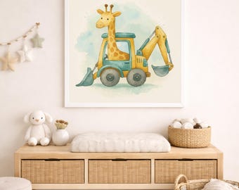 Watercolor Excavator Giraffe Print – Kids Room Wall Art (Digital Download)