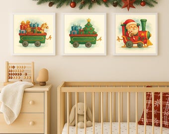 Santa, Presents & Christmas Tree Train Wagon and Locomotive Wall Art Set – Printable Nursery Decor – Watercolor 3-Pack Digital Download