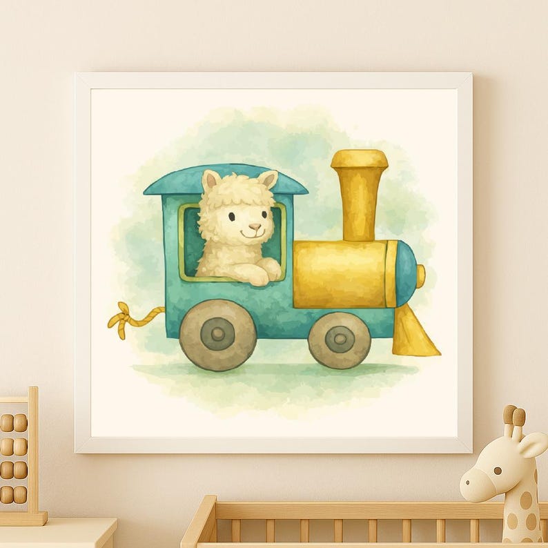 May include: A watercolour illustration of a blue and yellow toy train with a fluffy white llama in the driver's seat. The artwork is framed in a white square frame, suitable for a nursery or child's room.