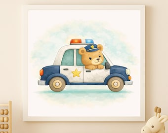 Watercolor Bear Police Car Wall Art Printable – Kids Room Decor (Digital Download)
