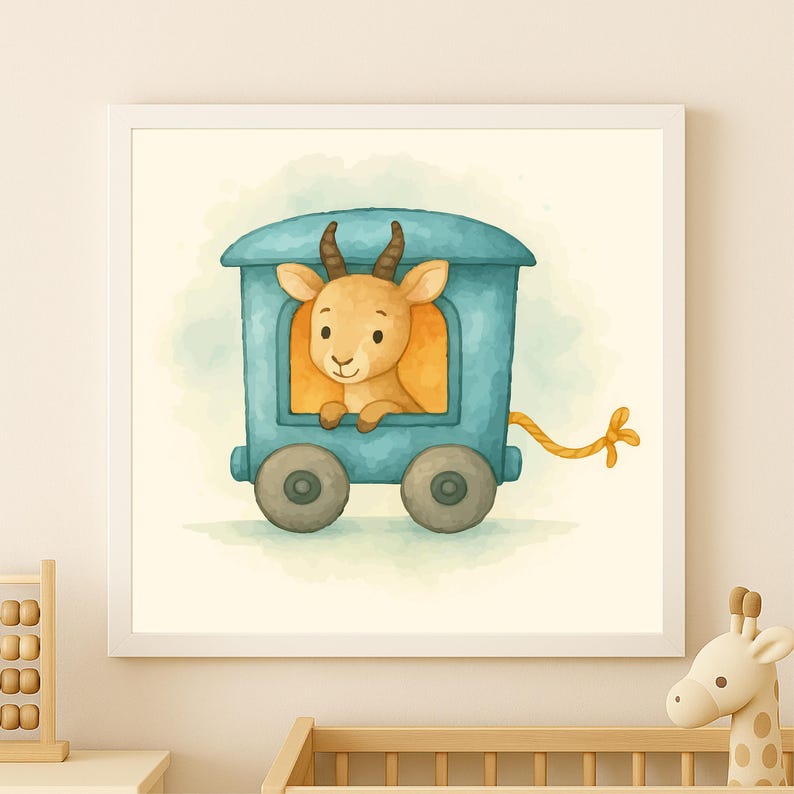 May include: Watercolor illustration of a baby goat in a blue train car. The goat has brown horns and is looking out the window. The train car has two gray wheels and a yellow rope. The artwork is framed in a white square frame.