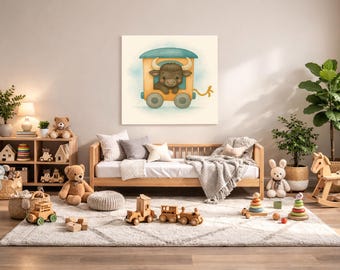 Water Buffalo Nursery Wall Art Printable – Safari Baby Room Decor, Watercolor Animal Train Print, Digital Download