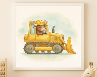 Watercolor Bulldozer Bull Print – Kids Room Wall Art (Digital Download)