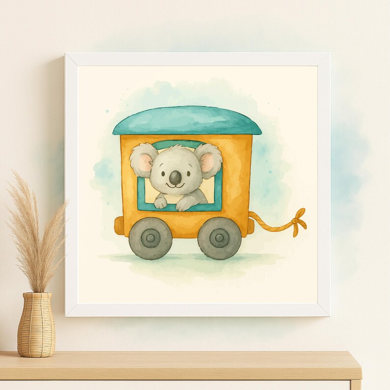 May include: A watercolor illustration of a koala in a yellow train car with a blue roof. The koala is gray with large, fluffy ears and is looking out the window. The train car has two gray wheels and a yellow tail.