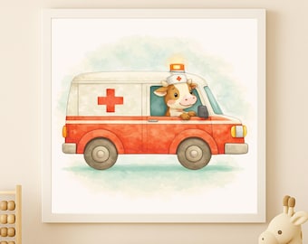Watercolor Cow Ambulance Wall Art Printable – Kids Room Decor (Digital Download)