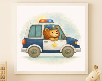Watercolor Lion Police Car Wall Art Printable – Kids Room Decor (Digital Download)