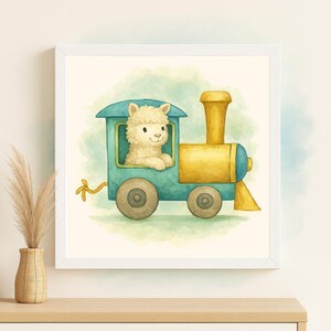 May include: A watercolour illustration of a fluffy white llama in a blue and yellow train. The train has two wheels and a yellow smokestack. The background is a soft green and blue. The image is framed in a white square.