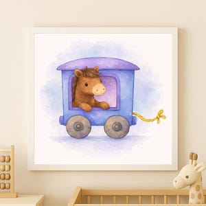 May include: A framed watercolor print of a cartoon horse in a blue train car. The horse is brown with a light tan muzzle and is looking out of the window. The train car has purple accents and gray wheels. A yellow rope is attached to the train.