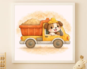 Watercolor Dog Dump Truck Wall Art Printable – Kids Room Decor (Digital Download)