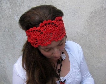 ON SALE 10% SALE Crochet HeadBand - Bandana - Crochet Lace HairBand - HeadBand - Hair Accessories - Crochet HairBand in Red