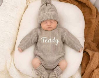 Embroidered Baby Outfit, Keepsake Embroidered Knit Oversized Sweater Romper, Baby Romper, Birthday Gift for Baby, Infant Name Bodysuit Gift