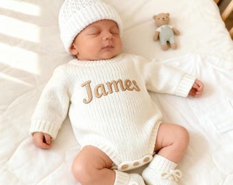 Barboteuse bébé personnalisée avec prénom brodé, tenue de retour à la maison, coffret cadeau nouveau-né
