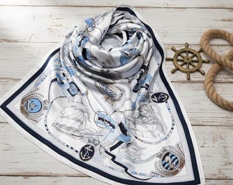 Foulard en soie de mûrier, imprimé marin, foulard blanc marine