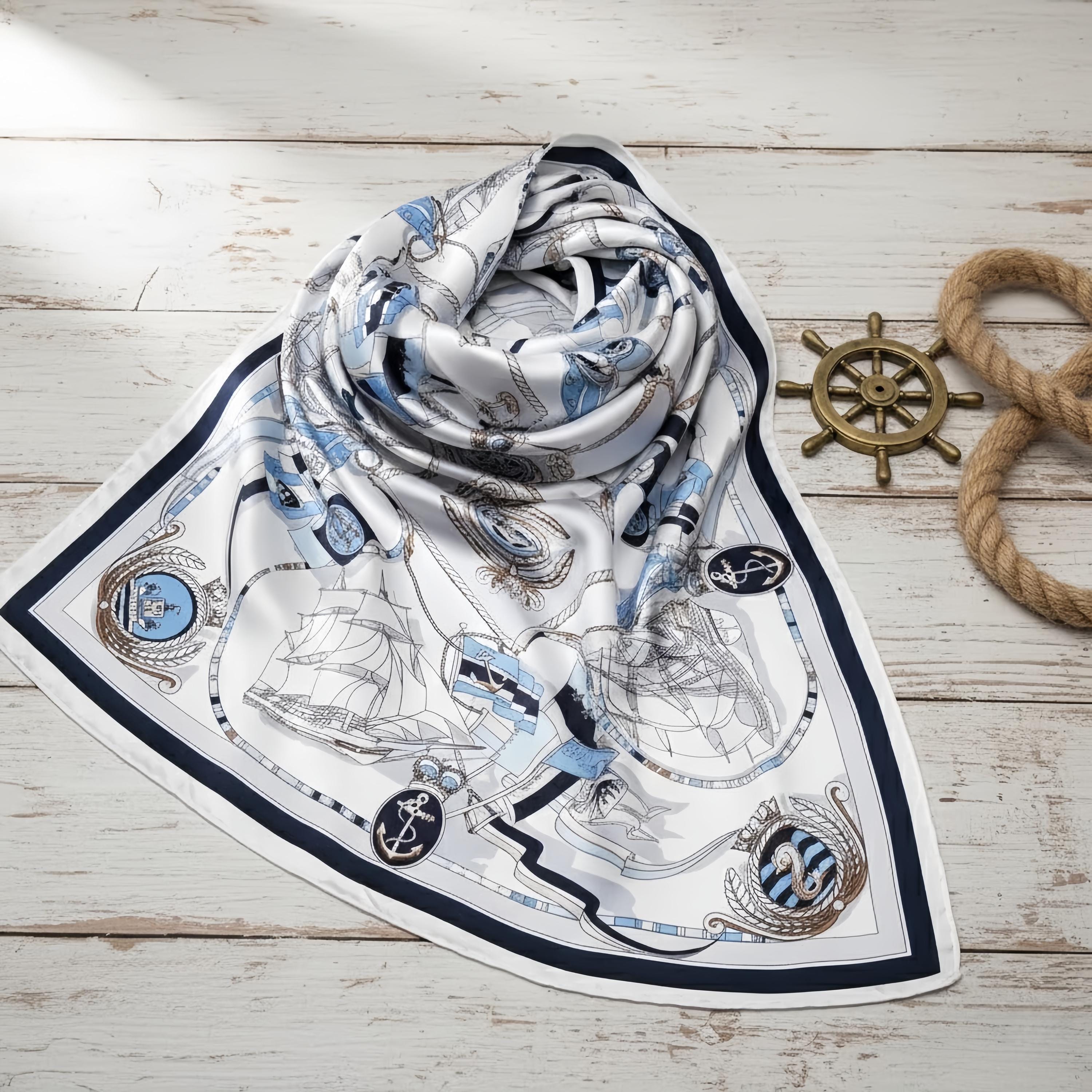 Mulberry Silk Scarf, Nautical Sailor Print, Navy White Neckerchief