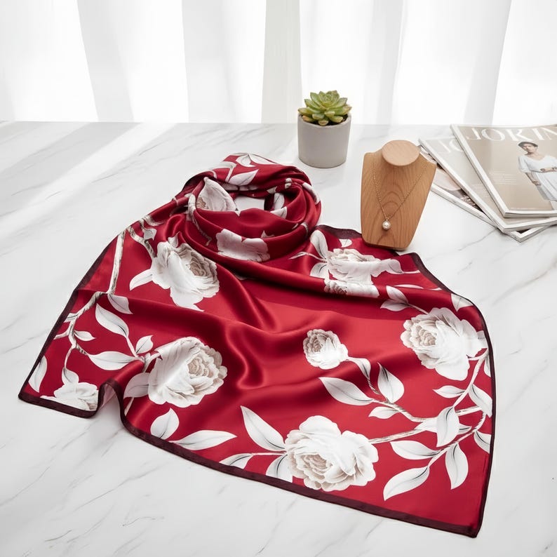 Peut inclure: Un foulard en soie rouge orn&eacute; d'un motif floral blanc. Le foulard est pos&eacute; sur une surface blanche, mettant en valeur le motif d&eacute;taill&eacute; de roses et de feuilles blanches. Le foulard a une bordure fonc&eacute;e.