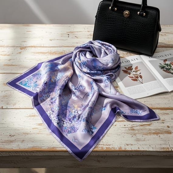 Mulberry Silk Scarf, Lavender Floral Neckerchief, Hair Wrap