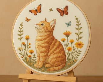 Cat Embroidery Kit – DIY Beginner Friendly Hoop Art with Flowers and Butterflies, Creative Gift Idea