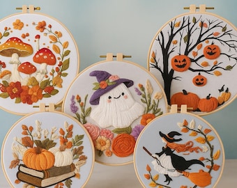Halloween Embroidery Kit – DIY Beginner Hoop Art with Pumpkins, Ghost, Witch and Autumn Designs