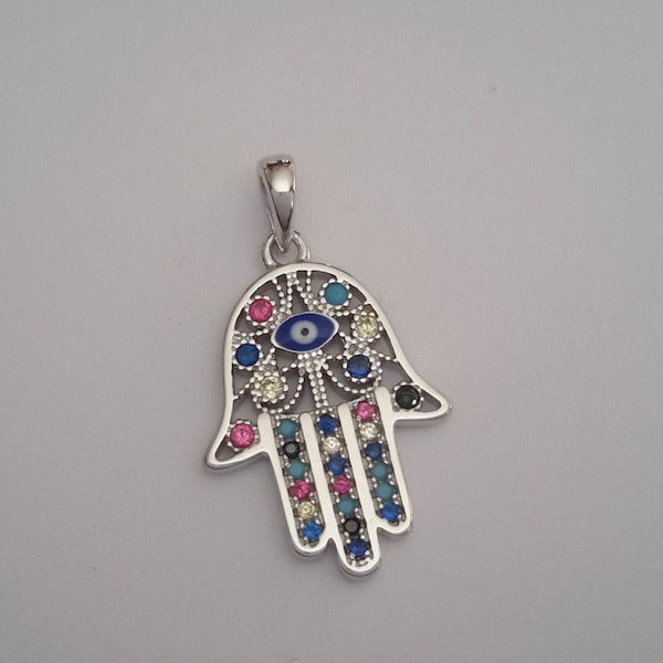 1 Solid Sterling Silver 925  hamsa Evil eye pendant charm with color CZ and Enamel