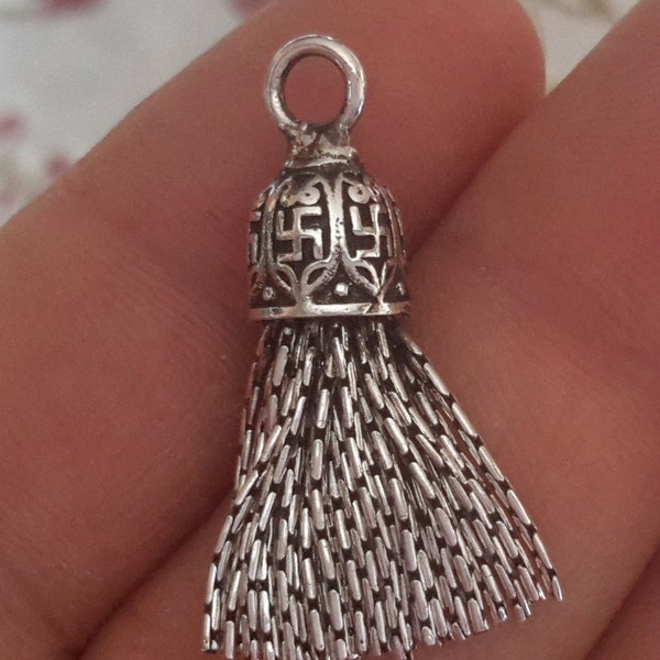 1 Sterling Silver 925 oxidized mini Indian symbol dangle Pendant Tassel Charm bead 30mm