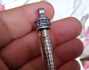 1 Sterling Silver 925 Quran dua Ayatul kursi  Talisman Vial Pendant Prayer Box Locket Tube Glass vial containing zamzam water Husayn Model