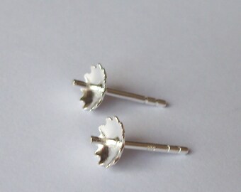 10 Sterling Silver earring ear studs posts flower shaped bead & pearl cup Sizes