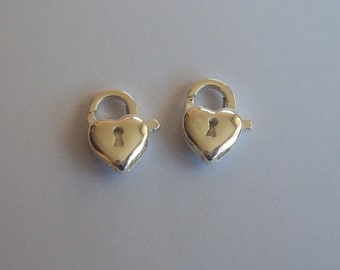 2 Solid Sterling Silver 925 Small Padlock Heart Lobster Clasp Connector beads