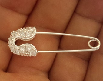 1 Solid Sterling Silver 925 Safety Pin bail Nappy Pin Diaper charms clasp brooch with clear CZ Sizes L, M