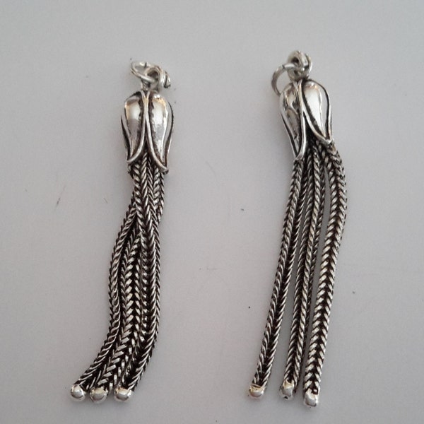 2 Sterling Silver 925 mini Tulip Dangle Pendant Tassle Tassel Charm bead 38 mm/ 1 and 1/2 inches