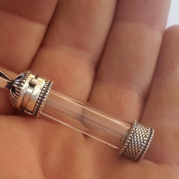 1 Sterling Silver 925 Talisman Stash Vial Pendentif Boîte de prière Boîte à pilules Locket Tube Glass vial srew sur le dessus