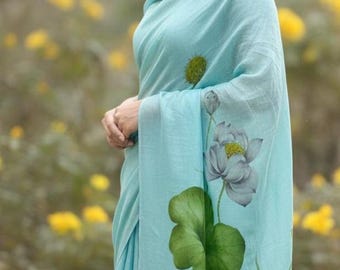 Hand Painted Lotus Silk Scarf, Large Mulberry Shawl, Wearable Art
