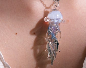 Handmade Glass Blue Jellyfish Necklace, Jellyfish pendant , Glass Jellyfish, Glass Art Jewelry