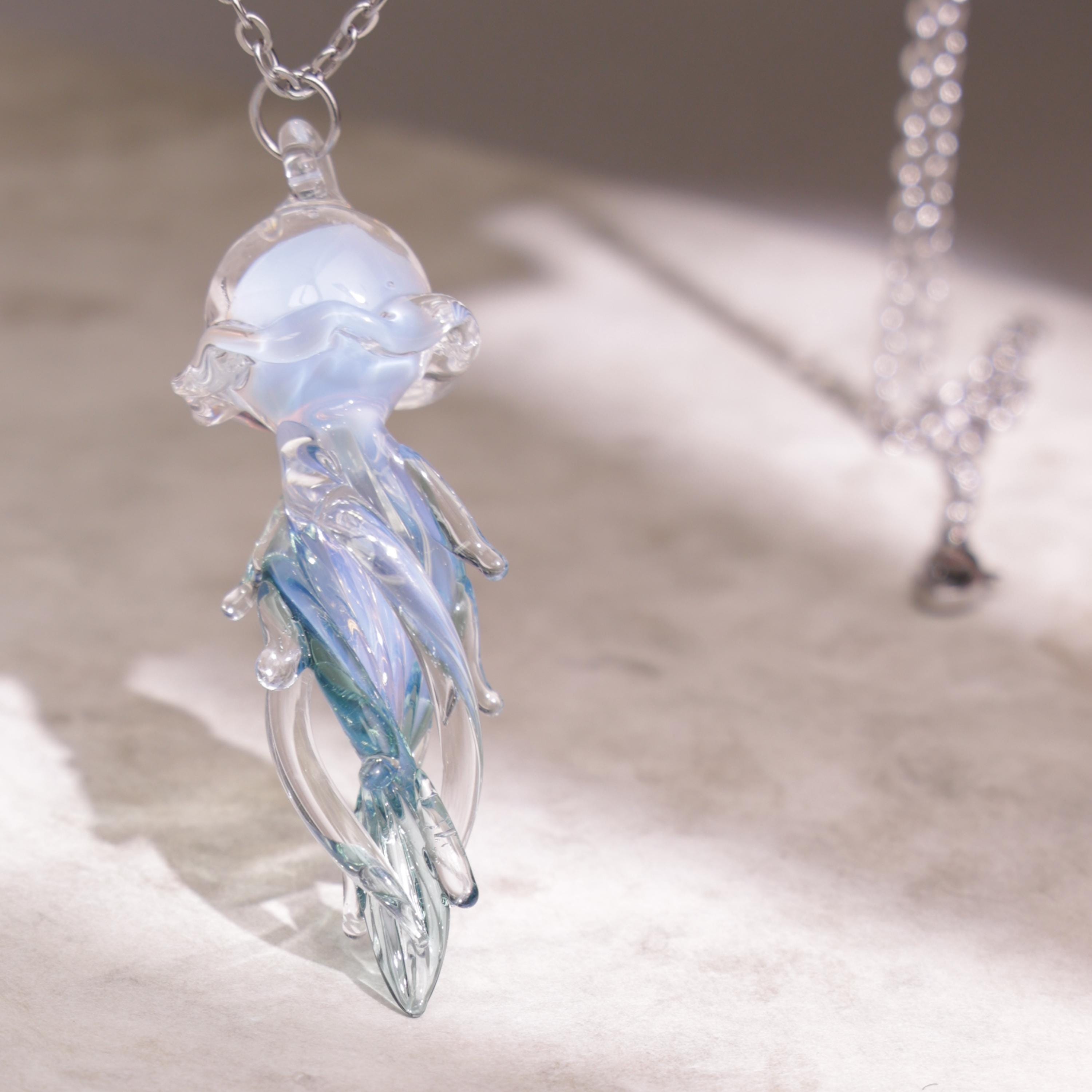 Handmade Glass Blue Jellyfish Necklace, Jellyfish Pendant , Glass ...