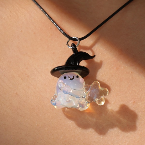 Handmade Halloween glass Ghost Necklace - Ghost Ornament, Halloween Glass Jewelry