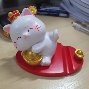 Lucky Cat Phone Stand, Maneki Neko Phone Holder, Good Fortune Desk Decor, Japanese Beckoning Cat Statue, Unique New Business & Office Gift