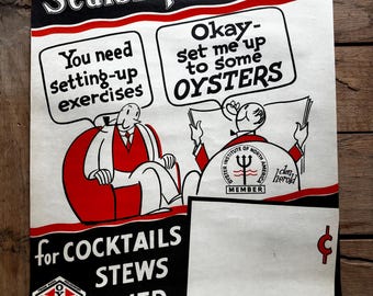 Affiche publicitaire en papier de la marque Sealshipt Oysters de 1937, signée par Don Herold.
