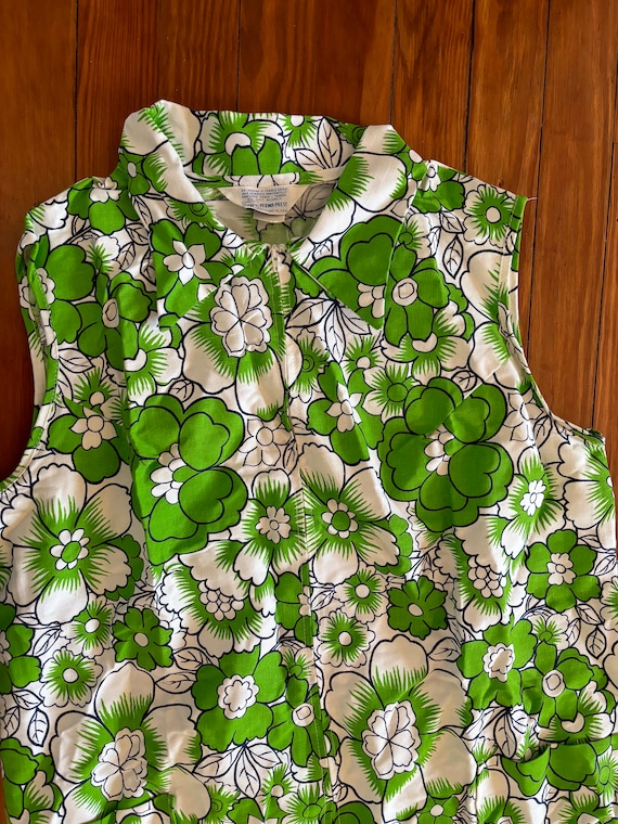 1960s Sears 100% Cotton Dress Green Floral Sleeve… - image 2