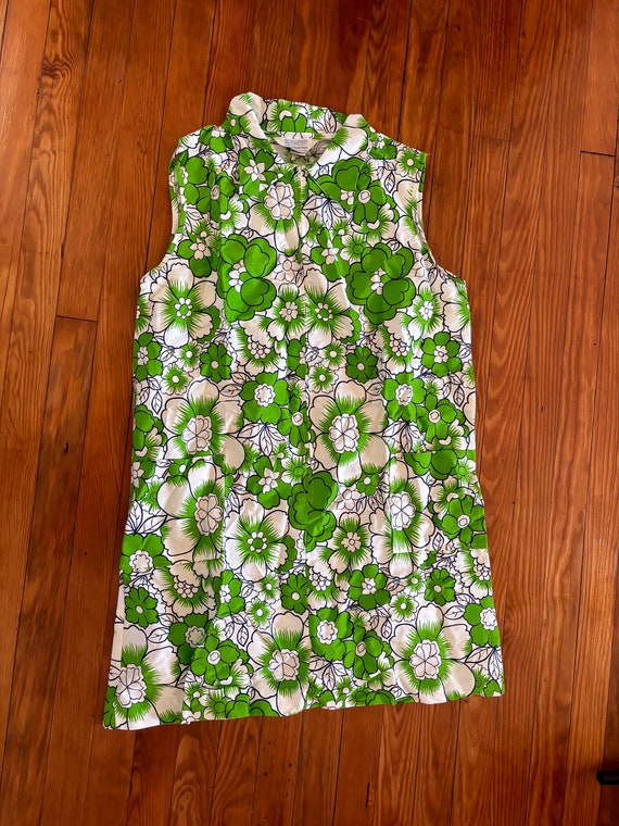 1960s Sears 100% Cotton Dress Green Floral Sleeve… - image 1