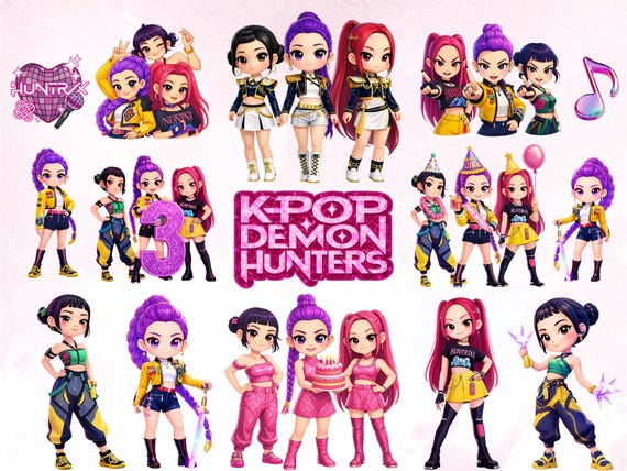 Kpop Clipart Bundle | Kpop Demon Hunters Girl Clipart | Chibi Kpop PNGs Bundle | Kpop Birthday PNG | Kpop Party Decor | Digital Download