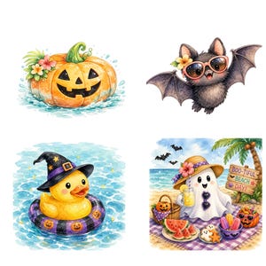 May include: A collection of four illustrations featuring a jack-o'-lantern in water, a bat wearing sunglasses and a flower, a yellow rubber duck in a witch hat and pumpkin floatie, and a ghost at the beach with a sign reading BOO-TIFUL BEACH DAY!