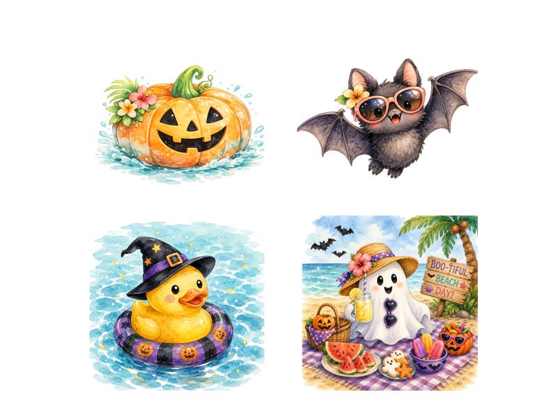 May include: A collection of four illustrations featuring a jack-o'-lantern in water, a bat wearing sunglasses and a flower, a yellow rubber duck in a witch hat and pumpkin floatie, and a ghost at the beach with a sign reading BOO-TIFUL BEACH DAY!