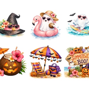 May include: A collection of six Summerween illustrations featuring a witch hat with flowers, a ghost in a flamingo floatie, a surfing ghost, a coconut jack-o'-lantern, a beach setup with a bat umbrella, and a sign reading Summerween Boo.